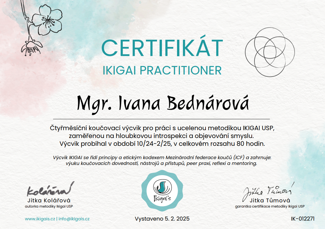 Osvedčenie preukazujúce absolvovanie programu pre koučov s názvom Ikigai Practitioner