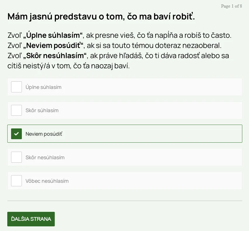 Ukážka otázky z ikigai testu
